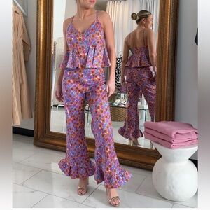 NWOT CeliaB Trilha Floral Purple Orange Flare Pants with Ruffle Hem Size XS